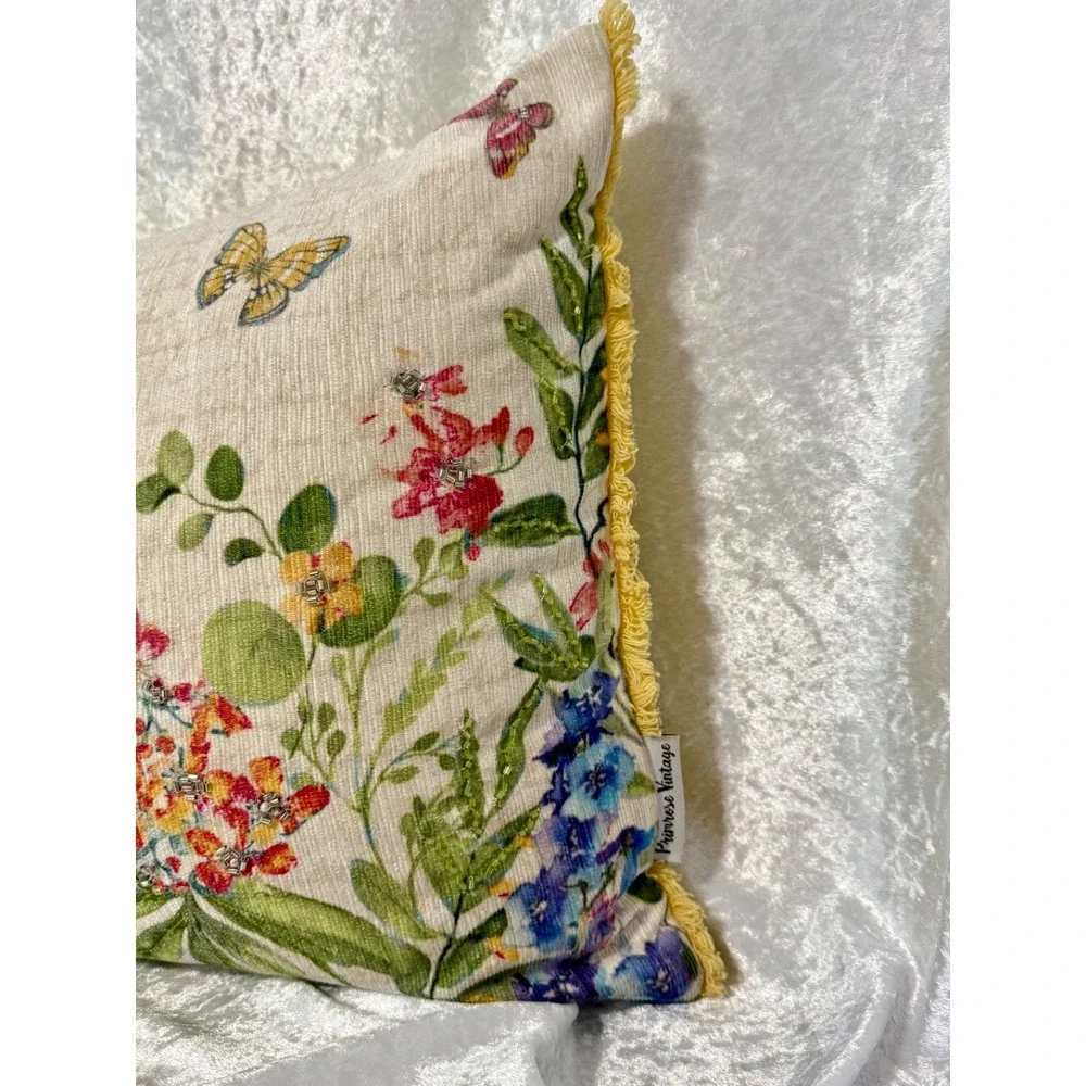 Primrose Vintage Floral Butterfly Beaded Fringed Throw Pillow Yellow Multicolor
